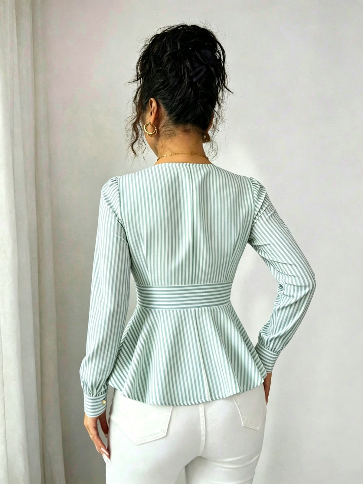 Women's Striped Blouse with Defined Waist and Gold Buttons