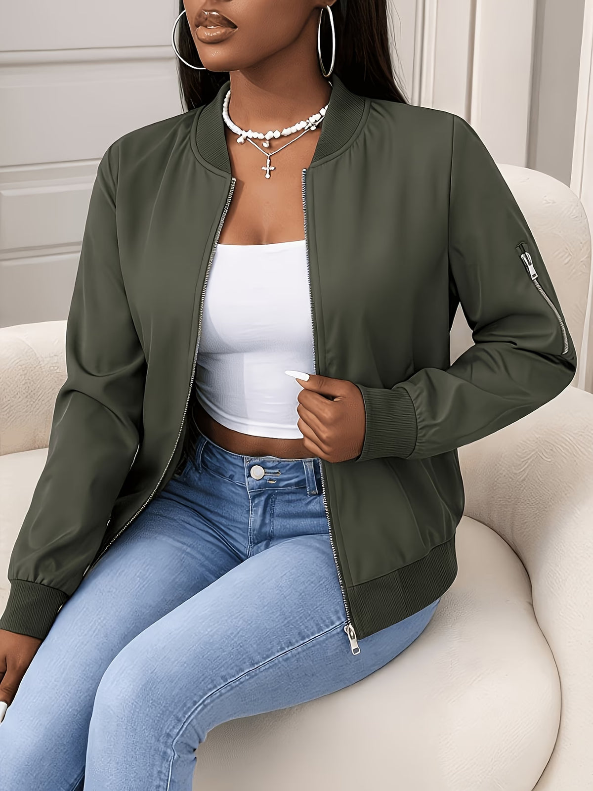 Women's Plus Size Bomber Jacket with Zipper and Soft Fabric