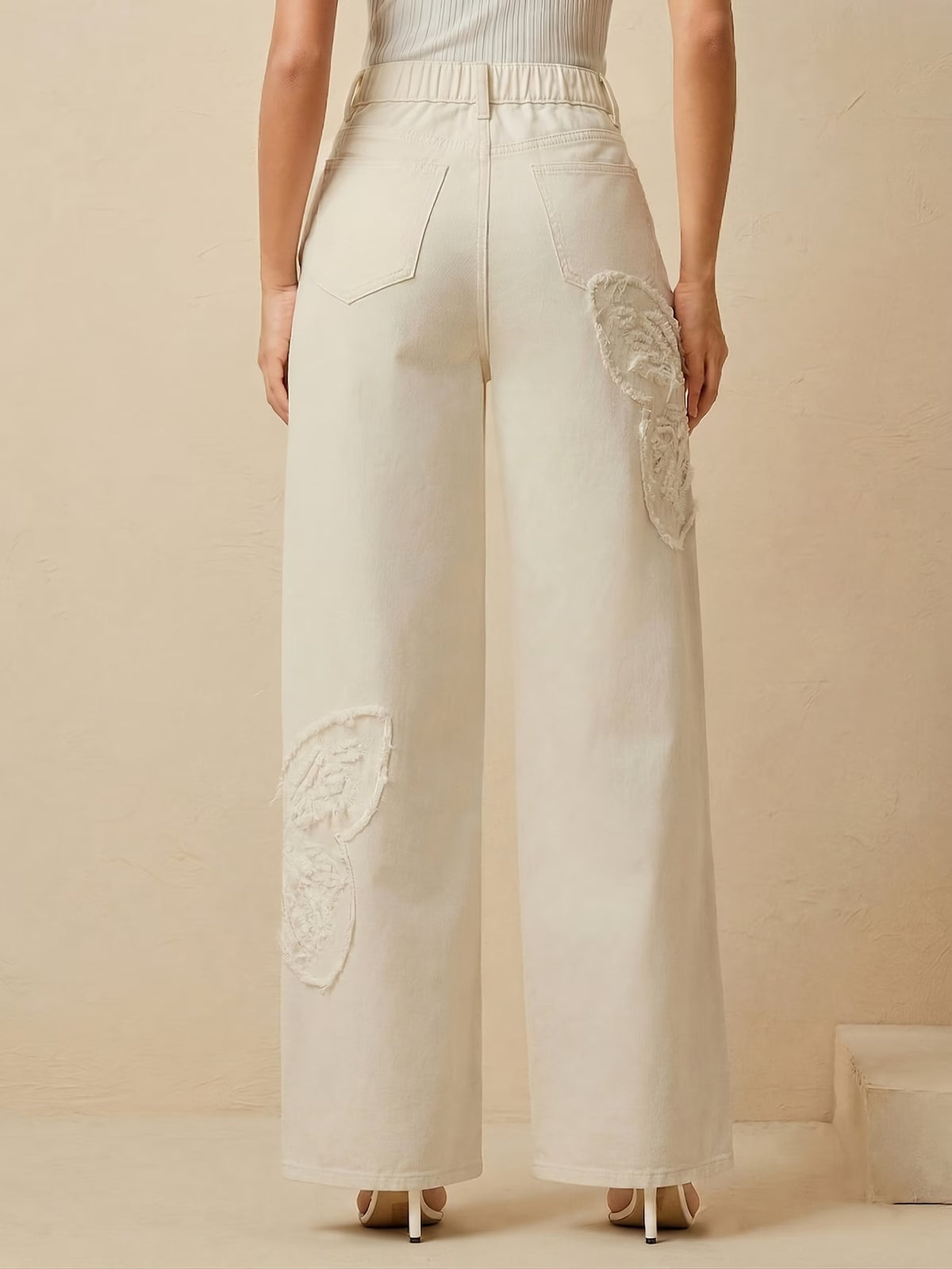 Women's High Waist Wide Leg Jeans with Butterfly Detail