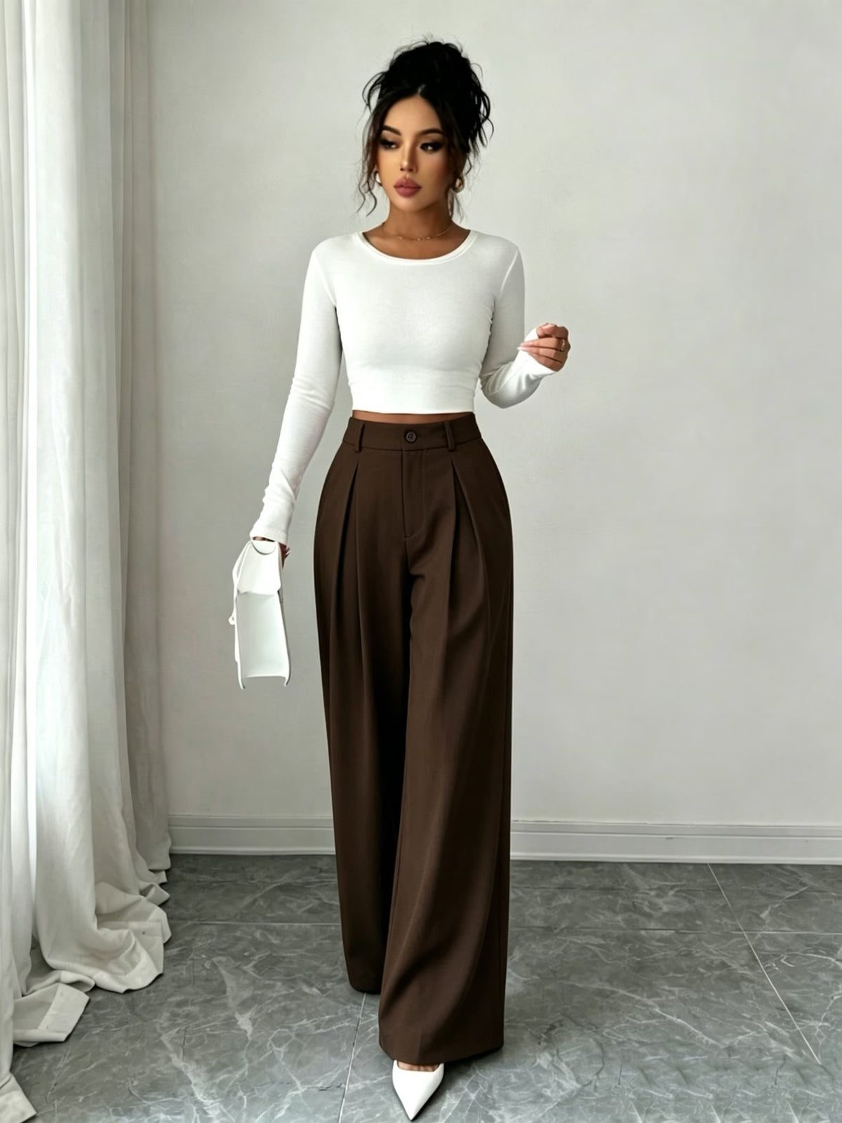 Women's High Waist Wide Leg Trousers with Pleats