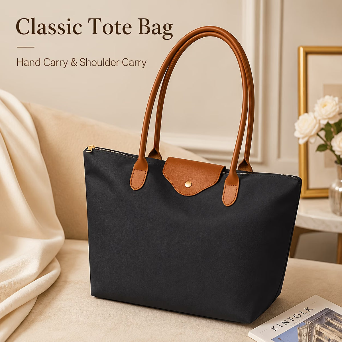 Women's Large Nylon Tote Bag with Zipper
