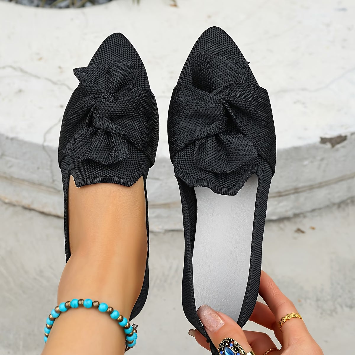 Women's Pointed Toe Ballet Flat with Bow and Breathable Mesh