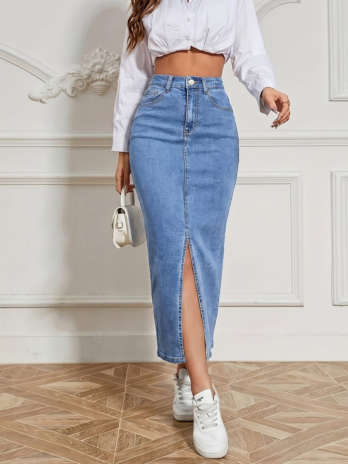 Women's High Waist Stretch Long Denim Skirt