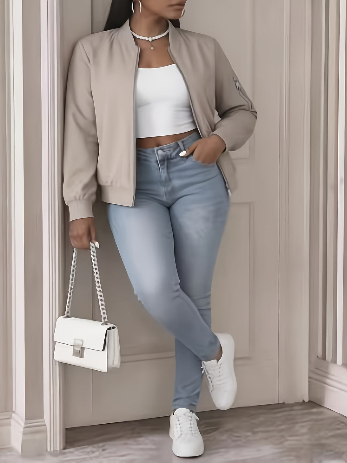 Women's Plus Size Bomber Jacket with Zipper and Soft Fabric