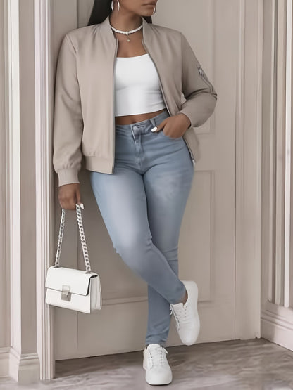 Women's Plus Size Bomber Jacket with Zipper and Soft Fabric