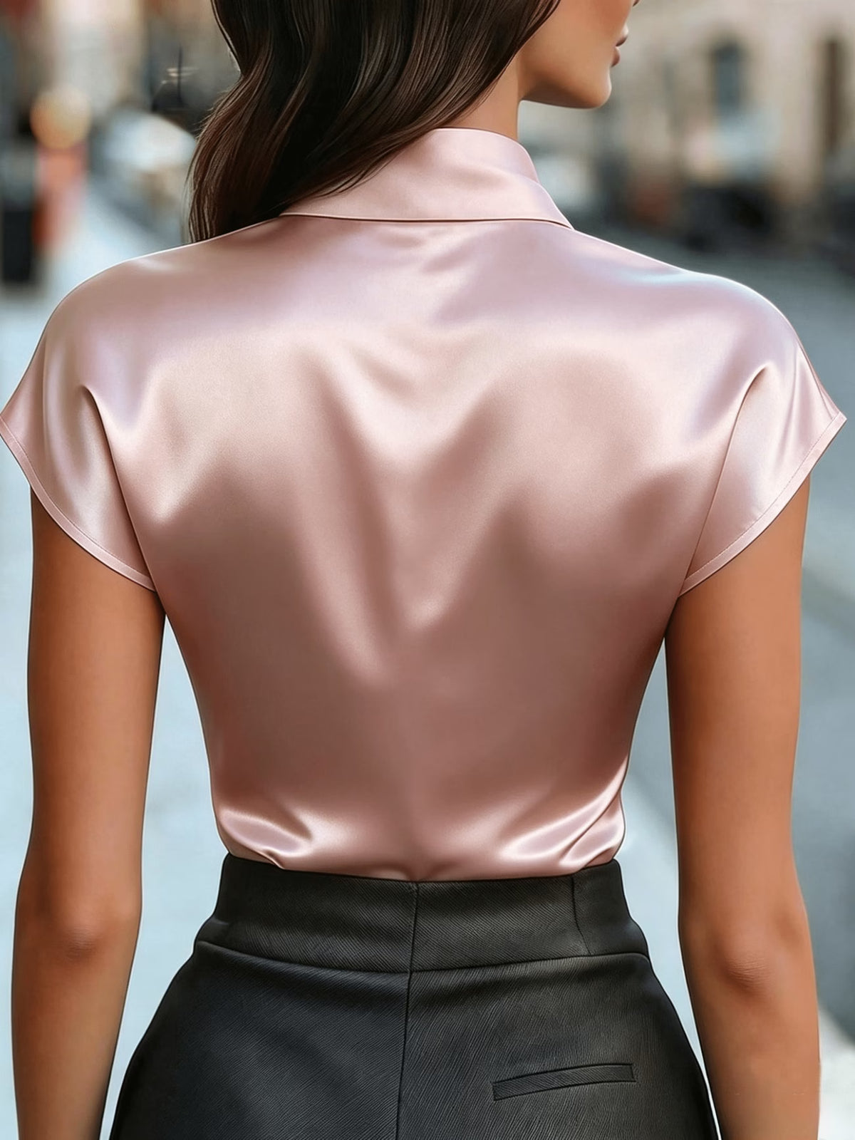 Women's Satin Blouse with Bow Detail and Short Sleeves