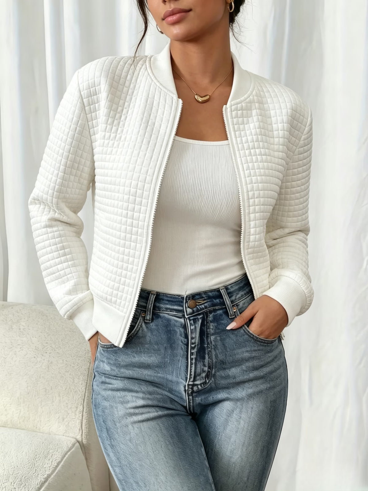 Women's Plaid High Neck Coat with Textured Finish