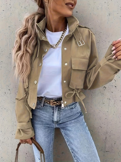 Women's Biker Jacket with Zipper, Lapel, and Pockets