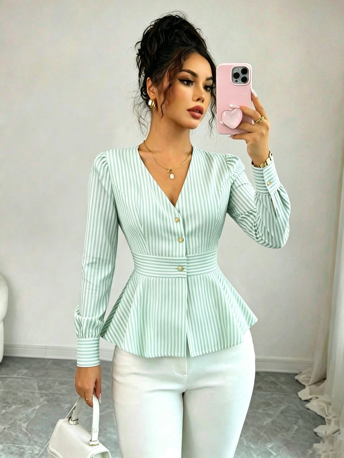 Women's Striped Blouse with Defined Waist and Gold Buttons