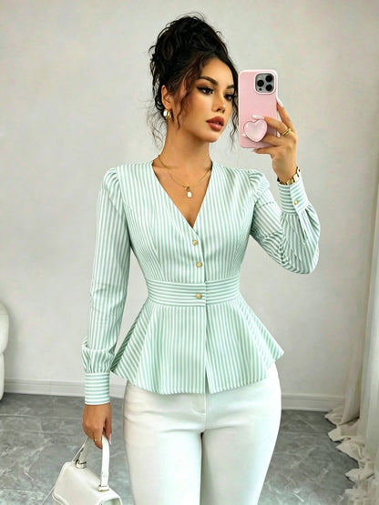 Women's Striped Blouse with Defined Waist and Gold Buttons