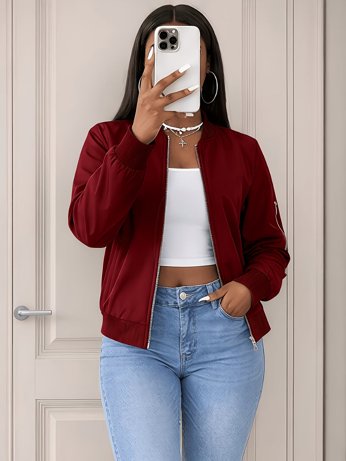 Women's Plus Size Bomber Jacket with Zipper and Soft Fabric