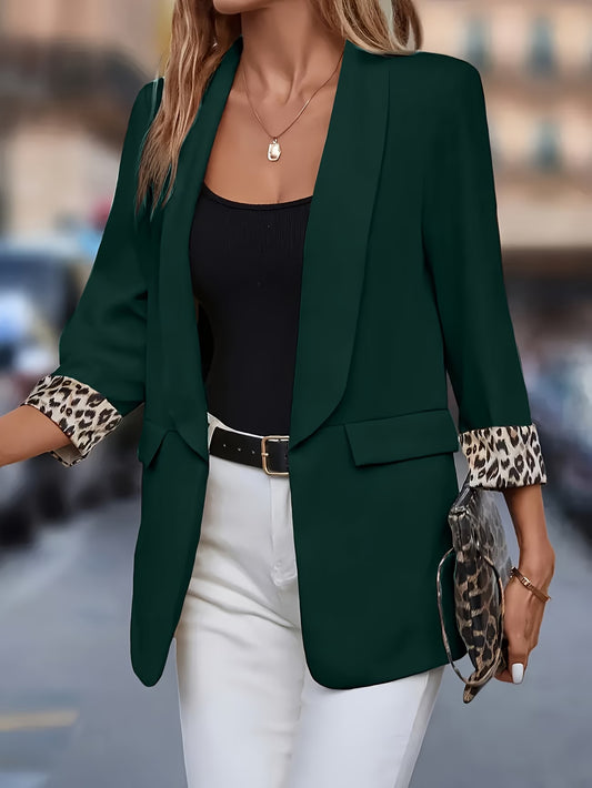 Women's Plus Size Leopard Print 3/4 Sleeve Blazer