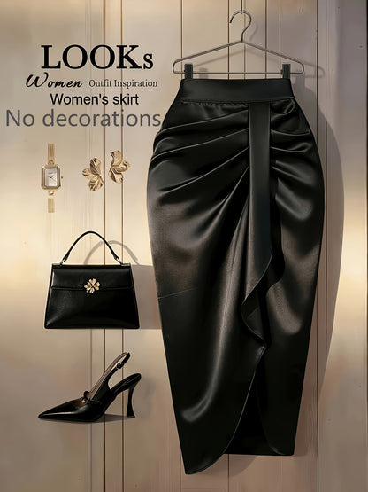 Plus Size Pleated Satin Midi Skirt with Front Slit
