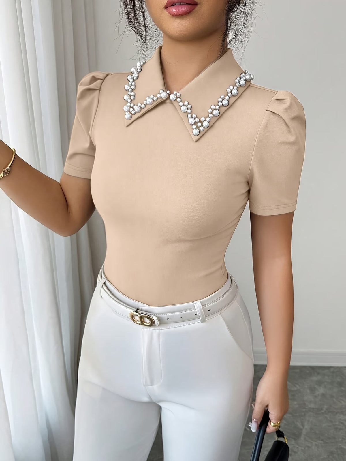 Women's Slim T-Shirt with Pearl Detail and Balloon Sleeves
