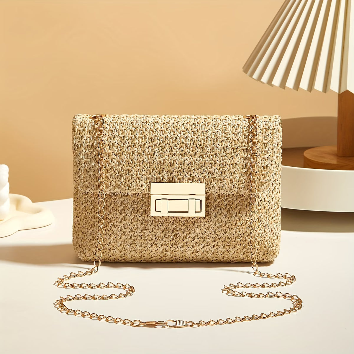 Women's Woven Straw Shoulder Bag with Chain Strap