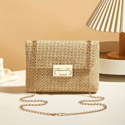 Women's Woven Straw Shoulder Bag with Chain Strap