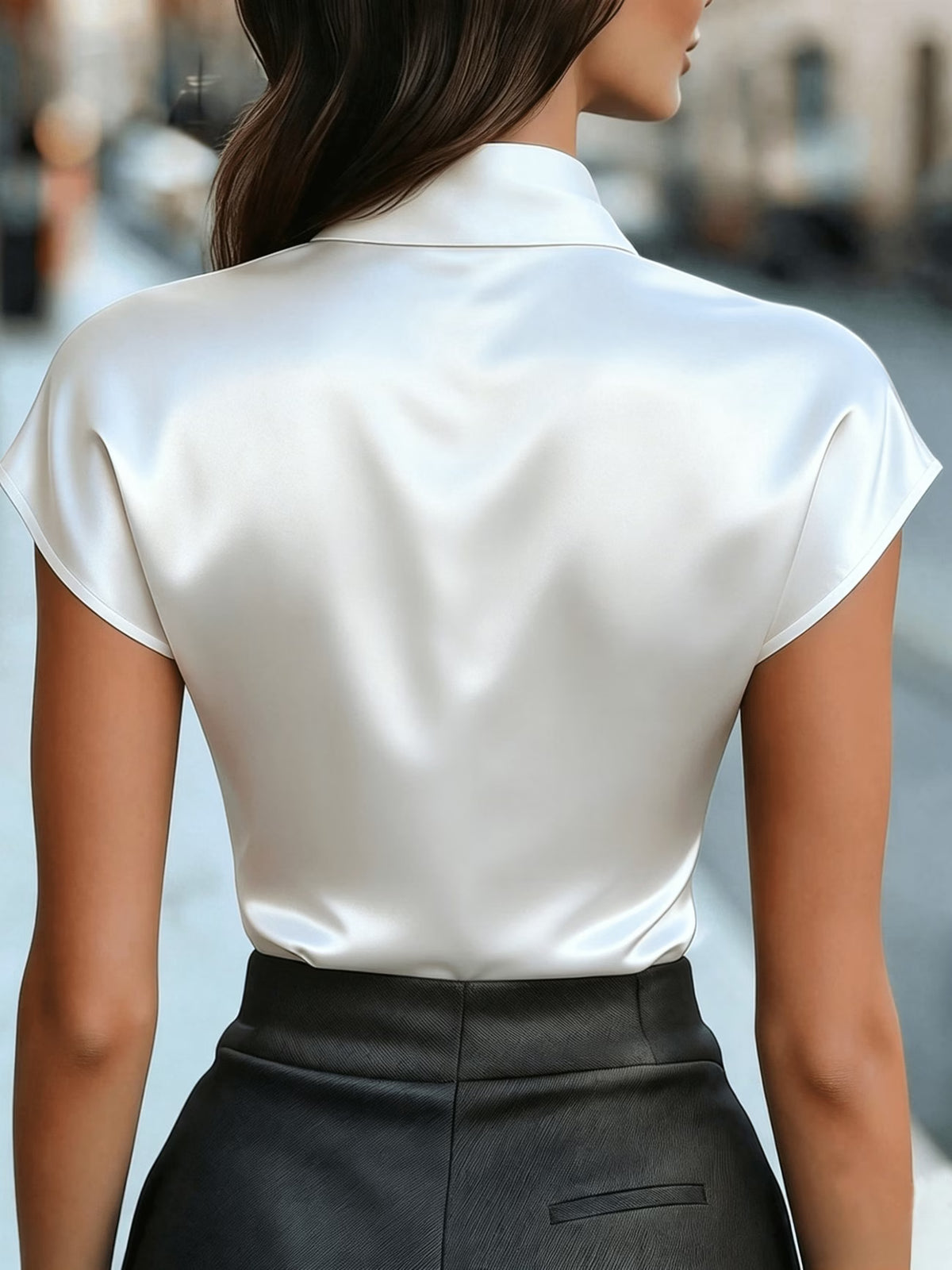 Women's Satin Blouse with Bow Detail and Short Sleeves