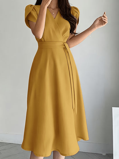 Women's Elegant Midi Dress with Balloon Sleeves and Belt