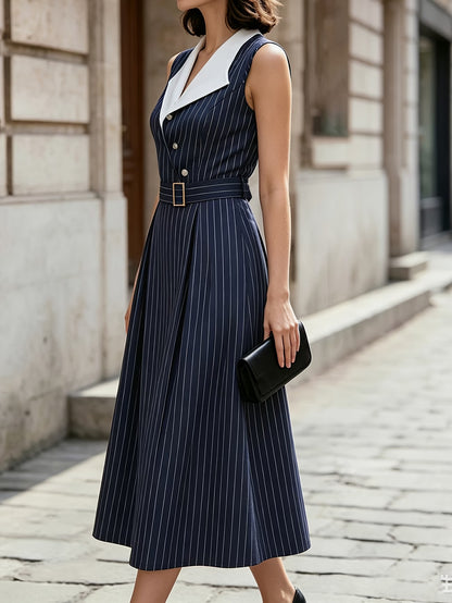 Women's Striped Midi Dress with Belt and Blazer Collar