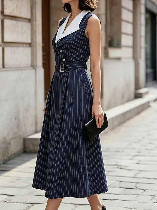 Women's Striped Midi Dress with Belt and Blazer Collar