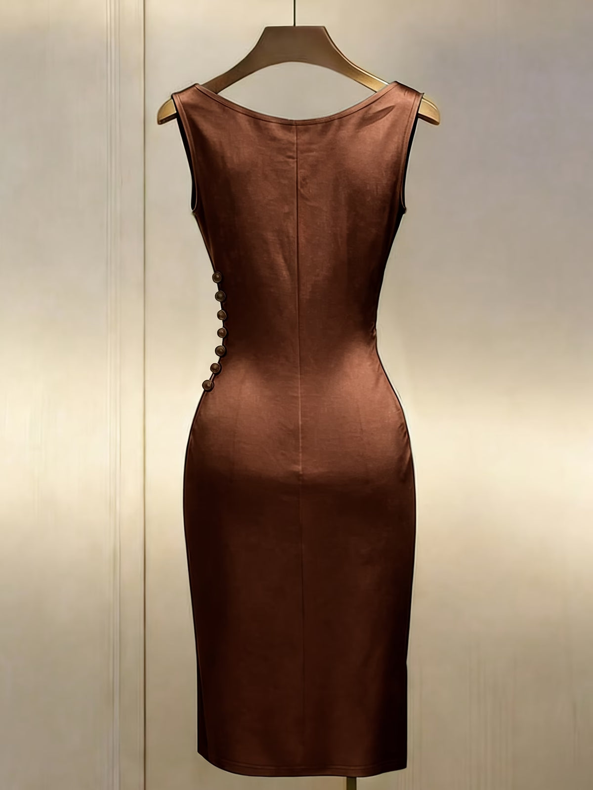 Women's Shiny Midi Dress with Off-Shoulder Design and Pearl Buttons