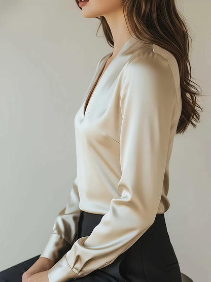 Women's Satin Blouse with V-Neck and Long Sleeves