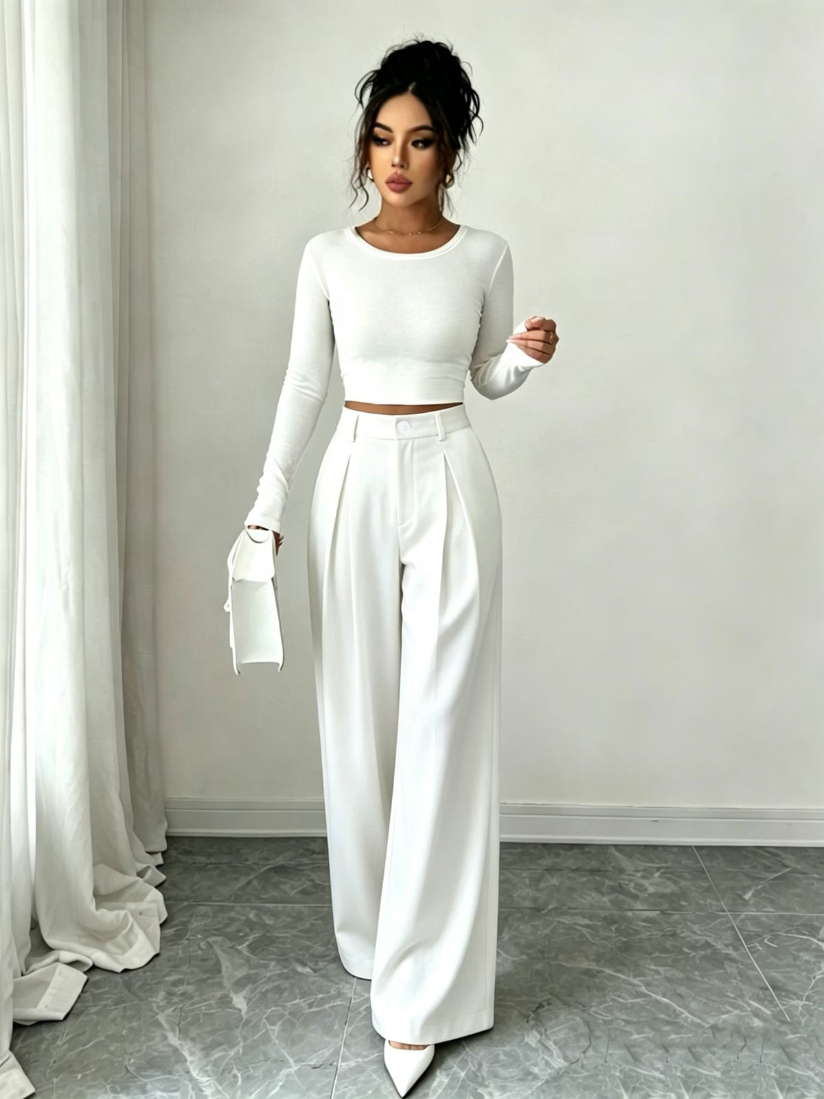 Women's High Waist Wide Leg Trousers with Pleats
