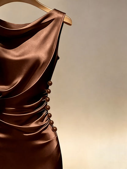 Women's Shiny Midi Dress with Off-Shoulder Design and Pearl Buttons