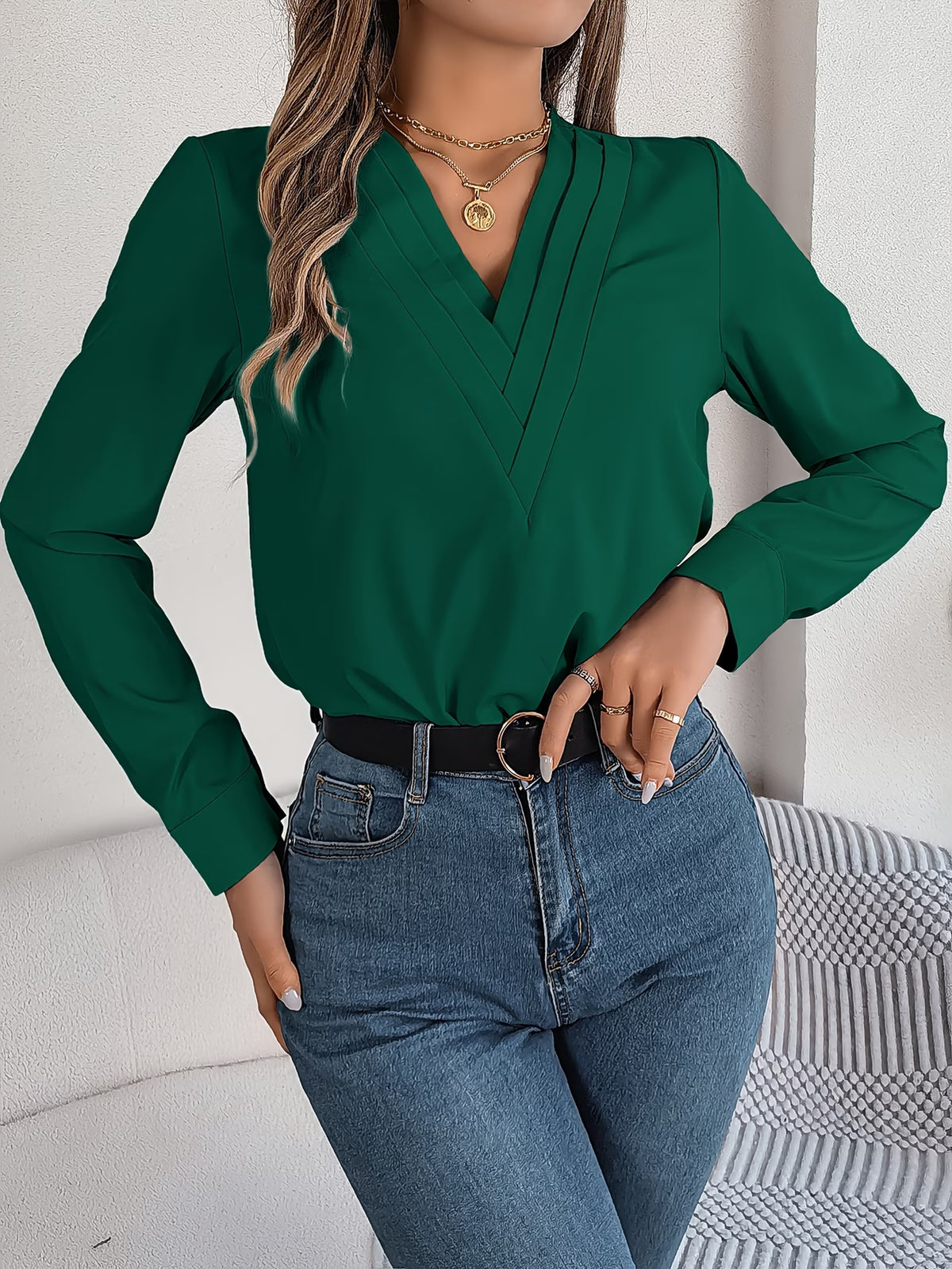 Women's Elegant V-Neck Blouse with Long Sleeves