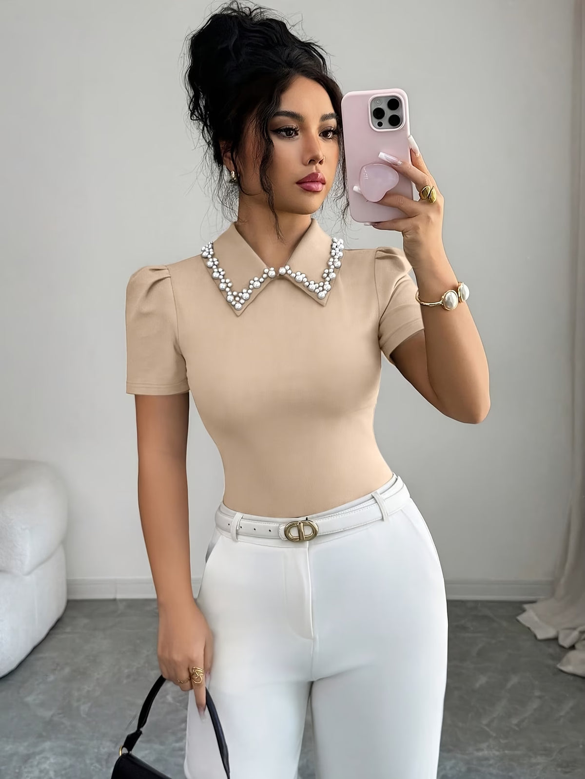 Women's Slim T-Shirt with Pearl Detail and Balloon Sleeves