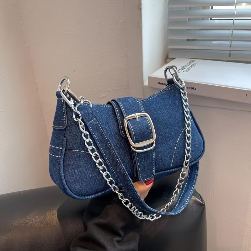 Women's Denim Shoulder Bag with Chain Strap
