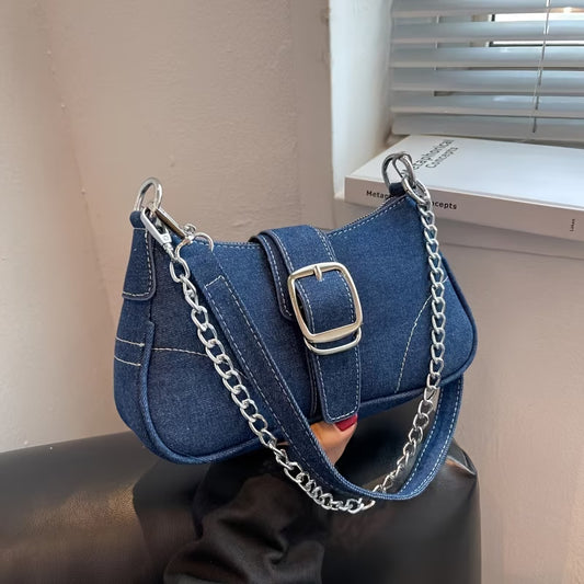 Women's Denim Shoulder Bag with Chain Strap