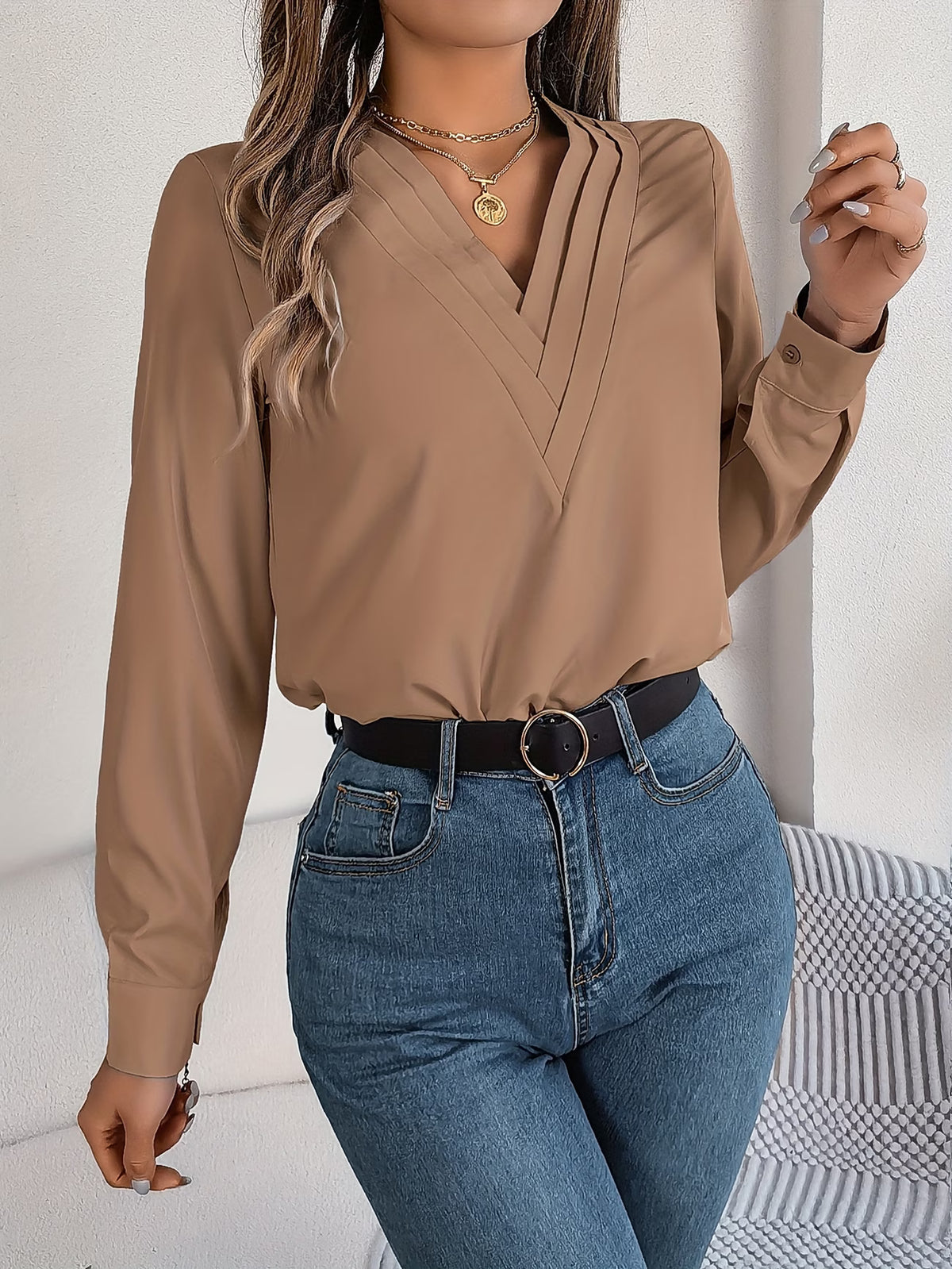 Women's Elegant V-Neck Blouse with Long Sleeves