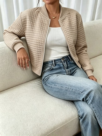 Women's Plaid High Neck Coat with Textured Finish