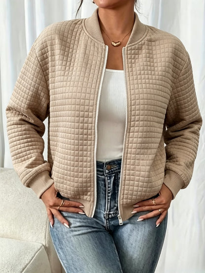 Women's Plaid High Neck Coat with Textured Finish