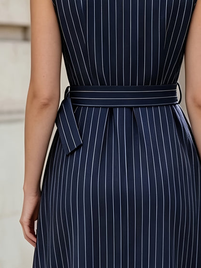 Women's Striped Midi Dress with Belt and Blazer Collar