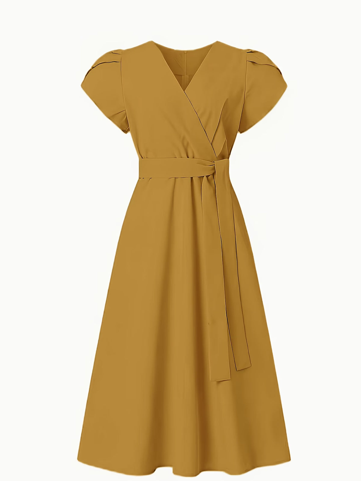 Women's Elegant Midi Dress with Balloon Sleeves and Belt