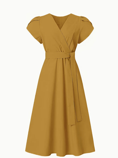 Women's Elegant Midi Dress with Balloon Sleeves and Belt