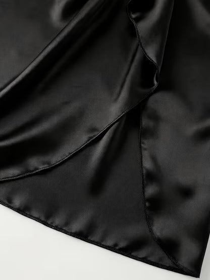 Plus Size Pleated Satin Midi Skirt with Front Slit