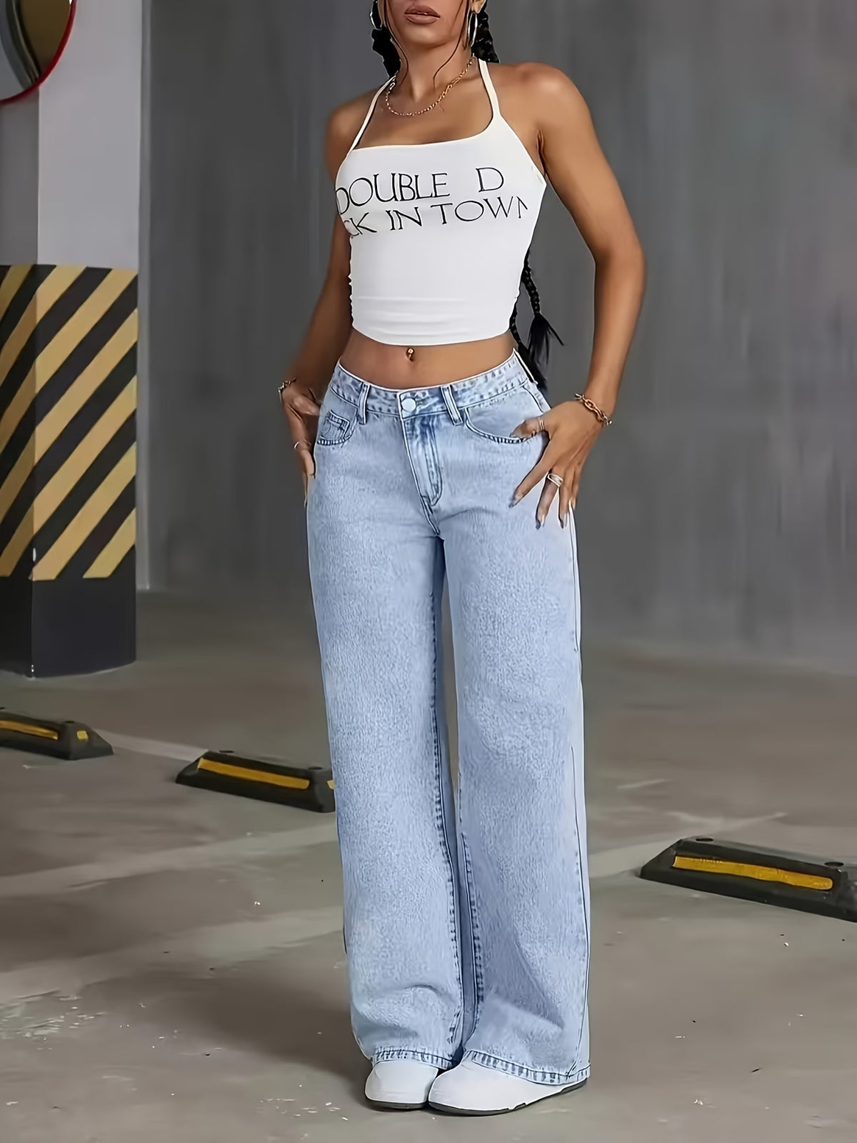 Women's Wide Leg Straight Jeans with Snowflake Design