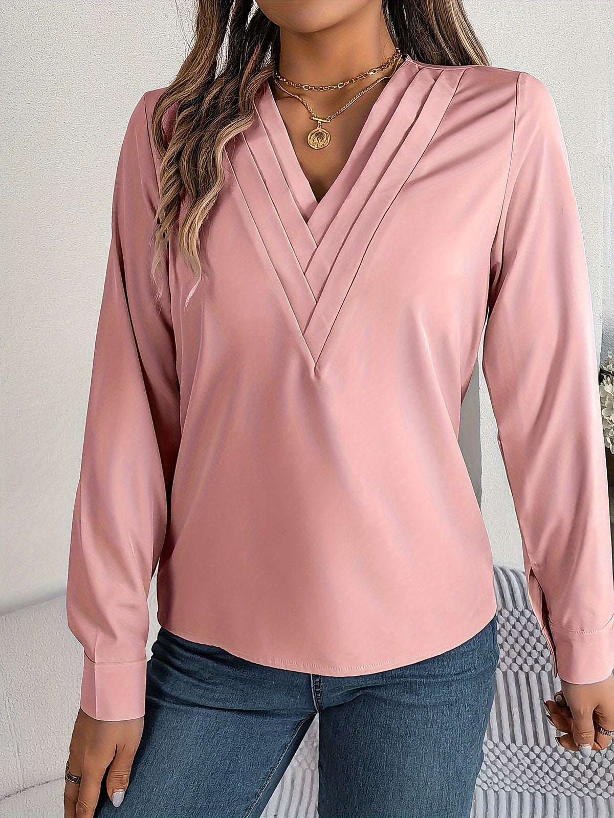Women's Elegant V-Neck Blouse with Long Sleeves