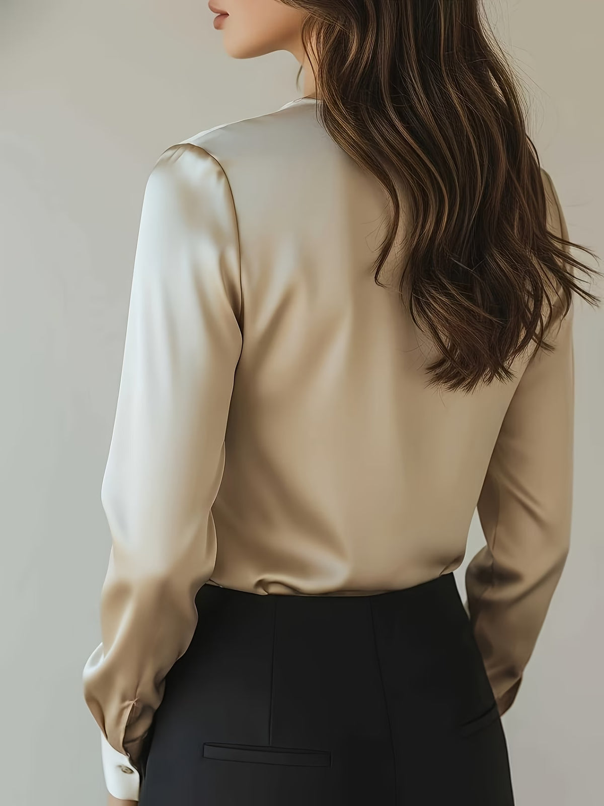 Women's Satin Blouse with V-Neck and Long Sleeves