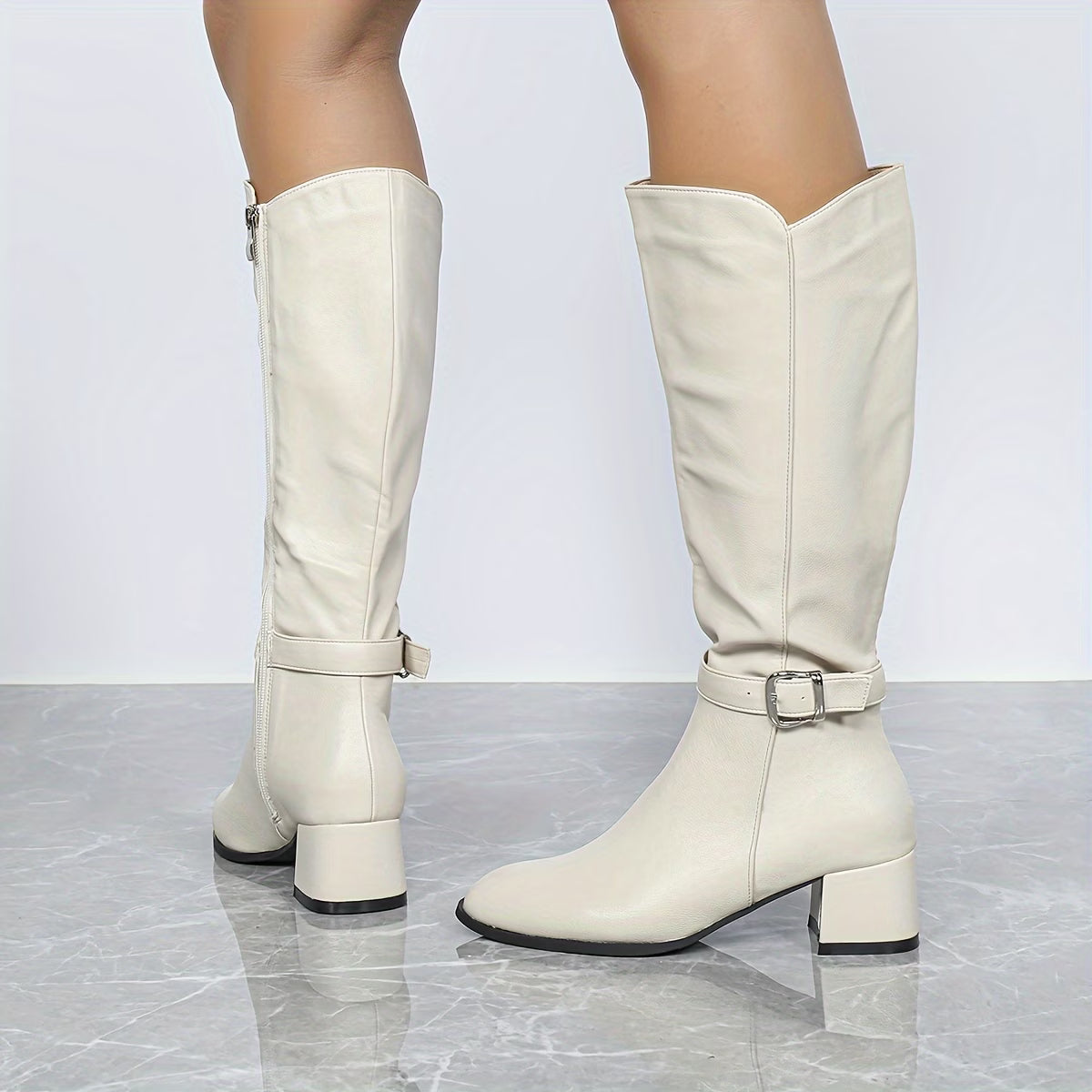 Women's Tall Boot with Mid Block Heel and Side Zipper