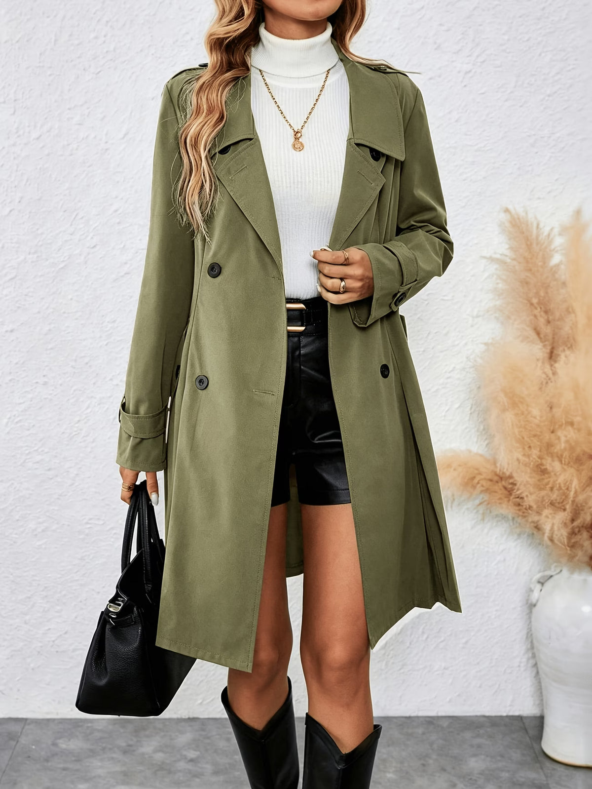 Women's Long Trench Coat with Belt and Buttons