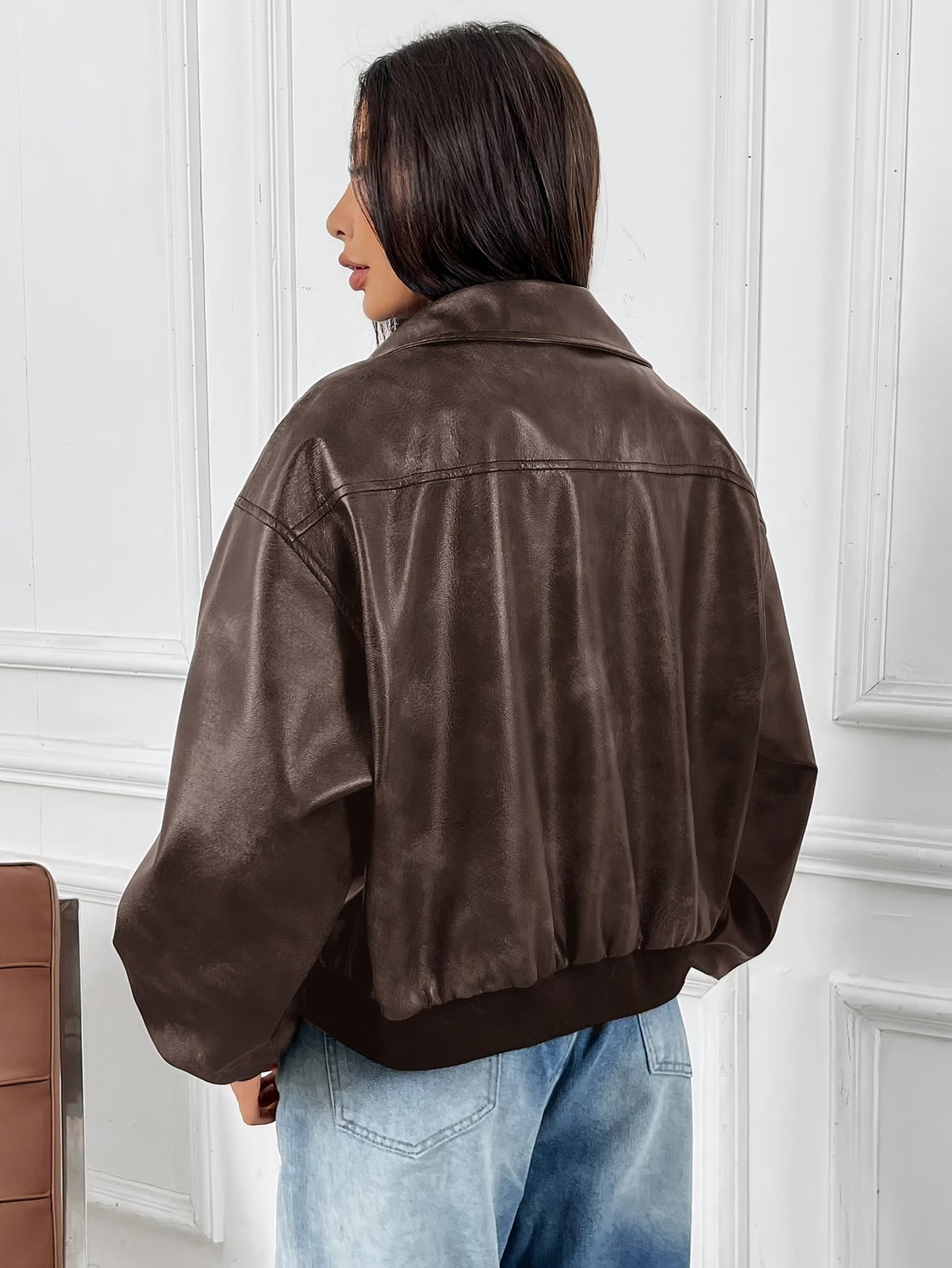 Women's Vintage Jacket with Zipper, Lapel, and Ribbed Cuffs