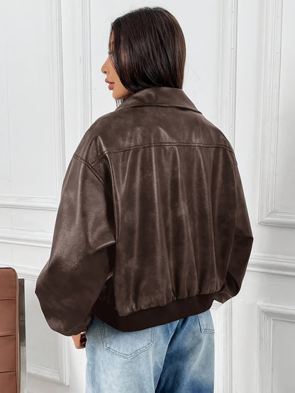 Women's Vintage Jacket with Zipper, Lapel, and Ribbed Cuffs
