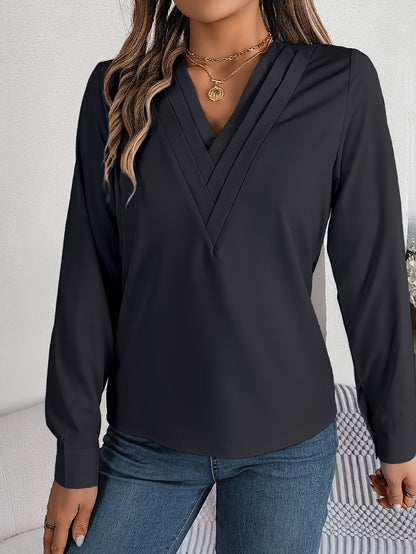 Women's Elegant V-Neck Blouse with Long Sleeves