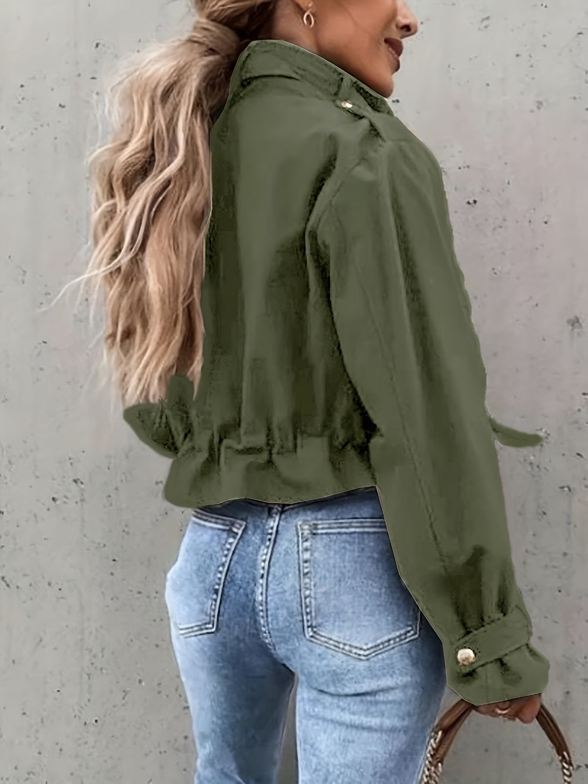 Women's Biker Jacket with Zipper, Lapel, and Pockets