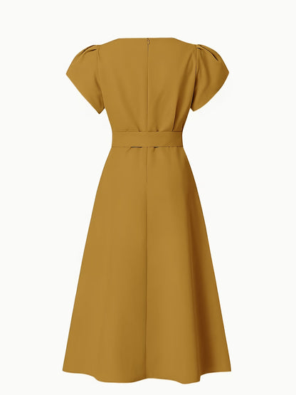 Women's Elegant Midi Dress with Balloon Sleeves and Belt