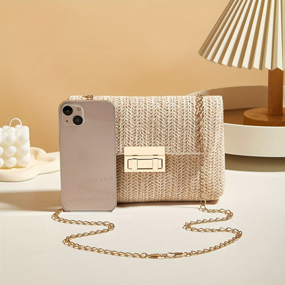 Women's Woven Straw Shoulder Bag with Chain Strap
